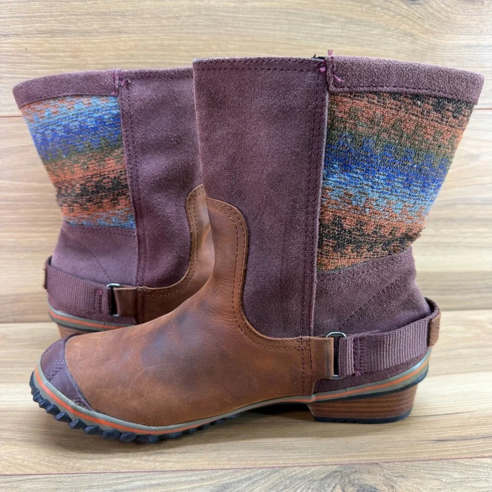 Sorel Slim Shortie Boots Womens 8.5 Bonfire Rust Brown Waterproof Pull On